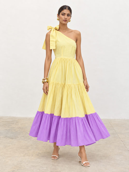 Alaia One-Shoulder Maxi Dress | Lemon & Lavender Colour-Block | Cotton