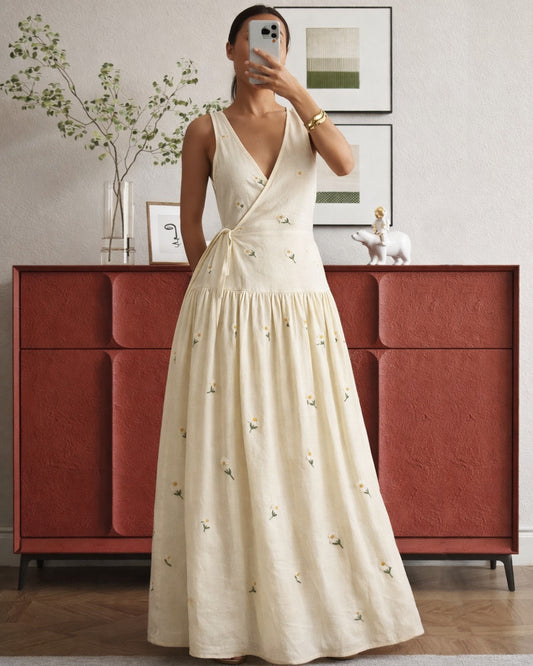 Solene linen maxi dress with daisy embroidery front view